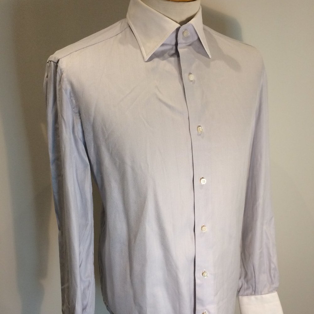 Isaia Size 16 41 Blue Herringbone Dress Shirt